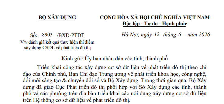 Công văn 8903/BXD-PTĐT: Đánh giá kết quả thí điểm xây dựng cơ sở dữ liệu về phát triển đô thị