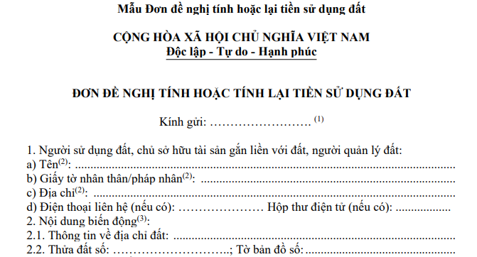 Mẫu đơn đề nghị tính hoặc tính lại tiền sử dụng đất mới nhất 2026