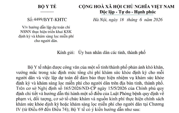 Công văn 4499/BYT-KHTC hướng dẫn lập dự toán chi khám sức khỏe định kỳ miễn phí