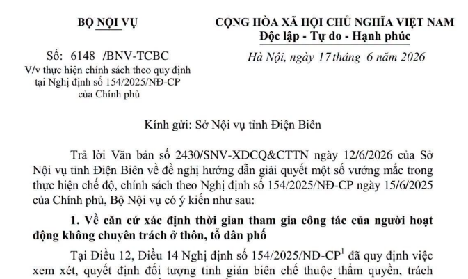 Công văn 6148/BNV-TCBC giải quyết vướng mắc chế độ theo Nghị định 154 tinh giản biên chế