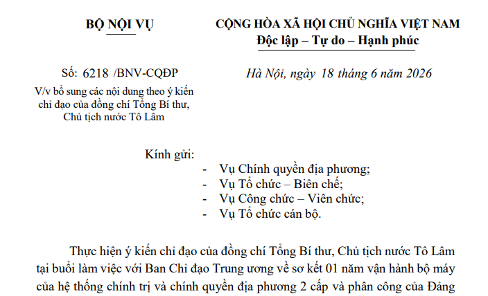 Công văn 6218/BNV-CQĐP yêu cầu đánh giá việc tiếp tục sáp nhập xã phường