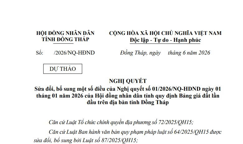 Đã có dự thảo Nghị quyết sửa Bảng giá đất lần đầu tỉnh Đồng Tháp 