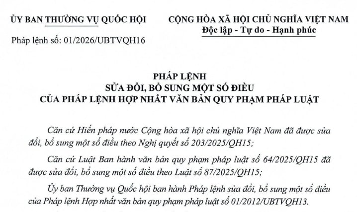 Đã có Pháp lệnh 01/2026/UBTVQH16 sửa đổi Pháp lệnh Hợp nhất văn bản quy phạm pháp luật