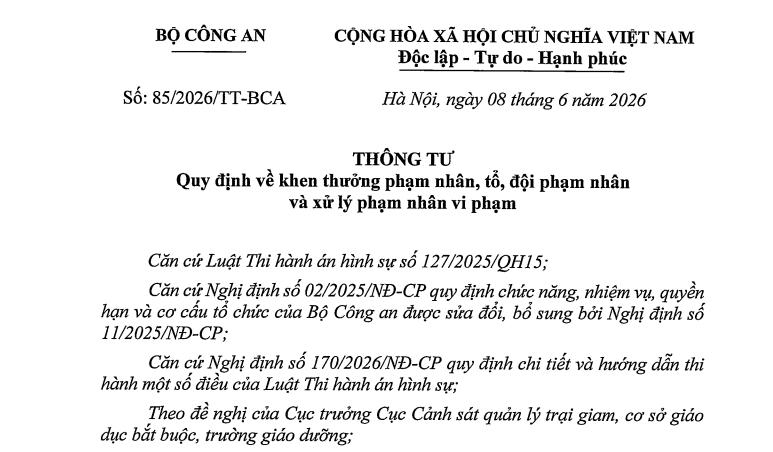 Đã có Thông tư 85/2026/TT-BCA về khen thưởng và xử lý phạm nhân từ 01/7/2026