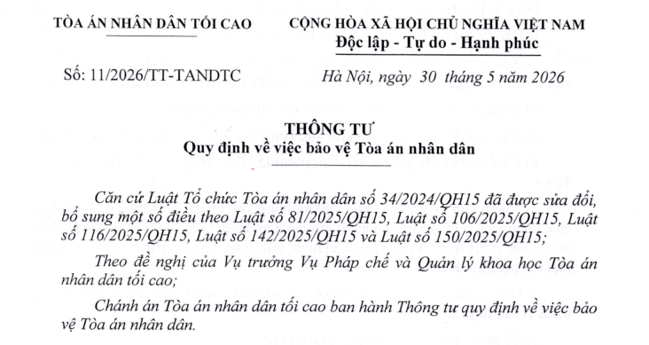 Đã có Thông tư 11/2026/TT-TANDTC về việc bảo vệ Tòa án nhân dân