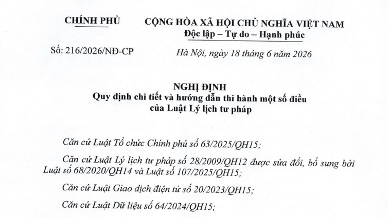 Đã có Nghị định 216/2026/NĐ-CP hướng dẫn thi hành Luật Lý lịch tư pháp