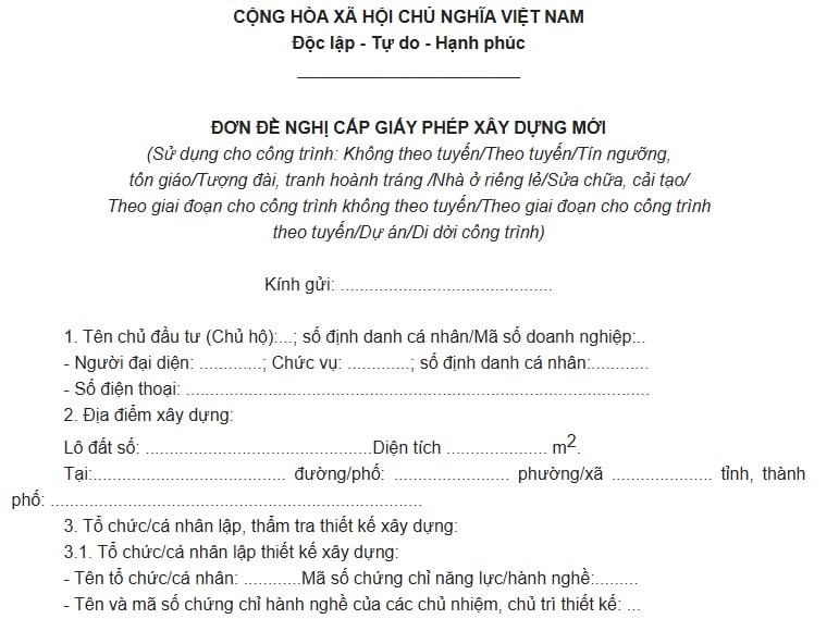 Mẫu đơn đề nghị cấp giấy phép xây dựng mới theo Nghị định 217/2026/NĐ-CP
