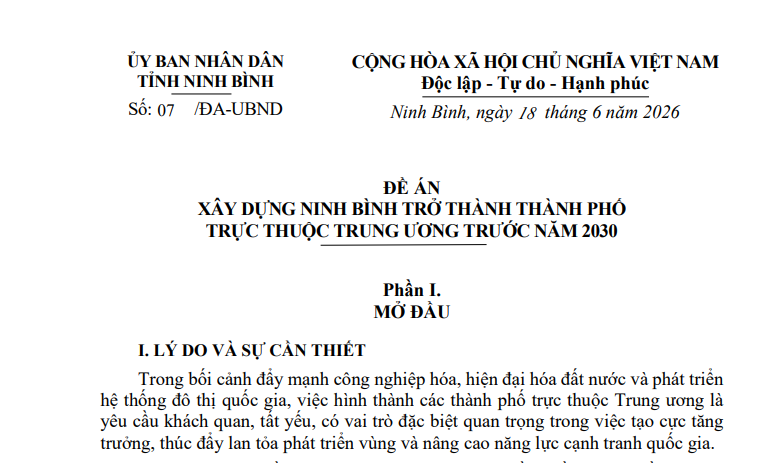 Đề án xây dựng Ninh Bình trở thành thành phố trực thuộc Trung ương (Đề án 07/ĐA-UBND)