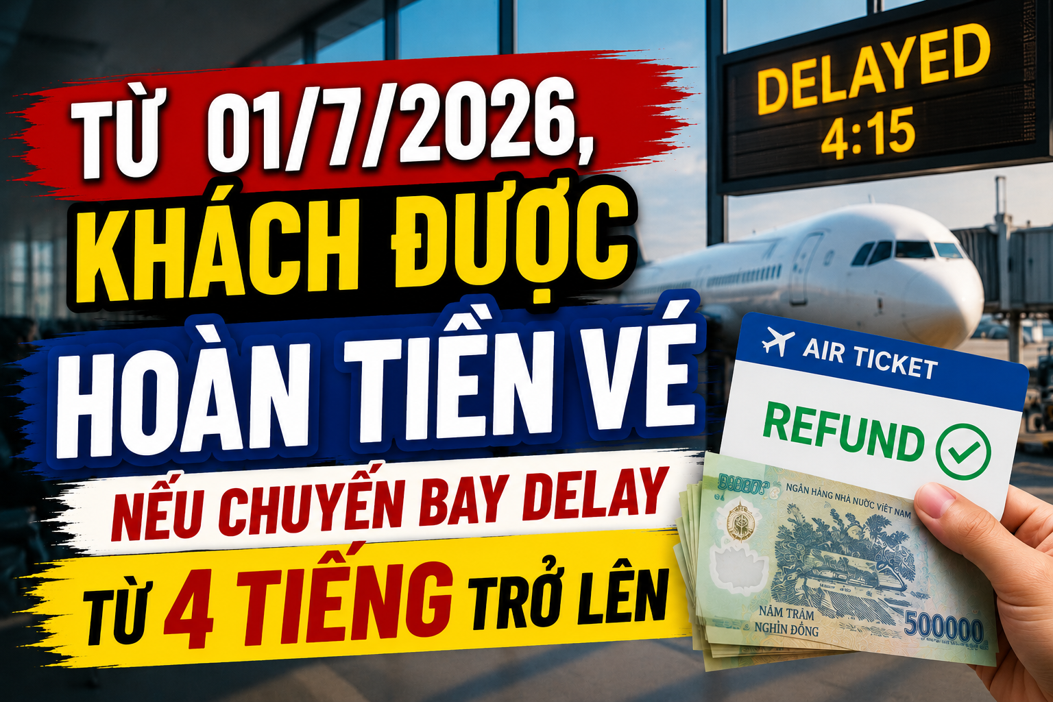 Từ 01/7/2026, khách được hoàn tiền vé nếu chuyến bay delay từ 4 tiếng trở lên