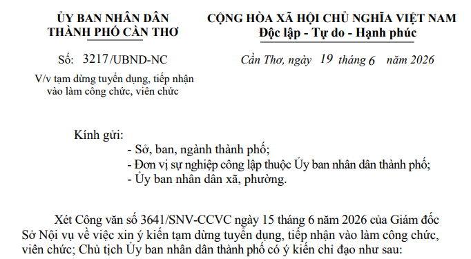 Công văn 3217 tạm dừng tuyển dụng tiếp nhập vào làm công chức viên chức tại Cần Thơ