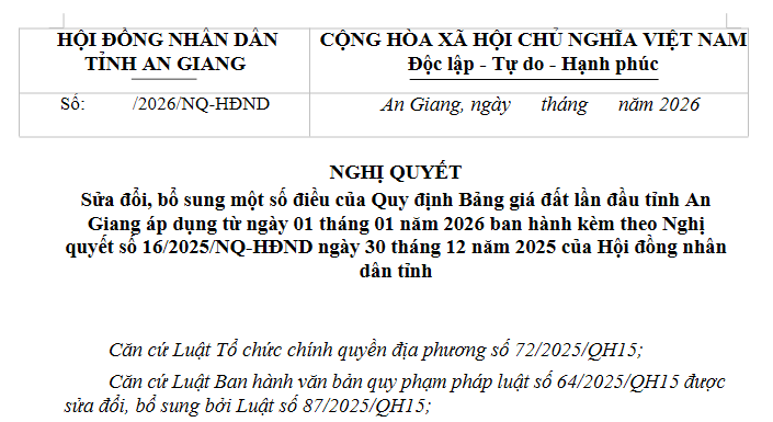 Đã có dự thảo Nghị quyết sửa đổi bảng giá đất An Giang 2026