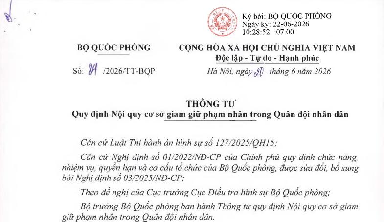 Đã có Thông tư 84/2026/TT-BQP về Nội quy cơ sở giam giữ phạm nhân trong Quân đội nhân dân