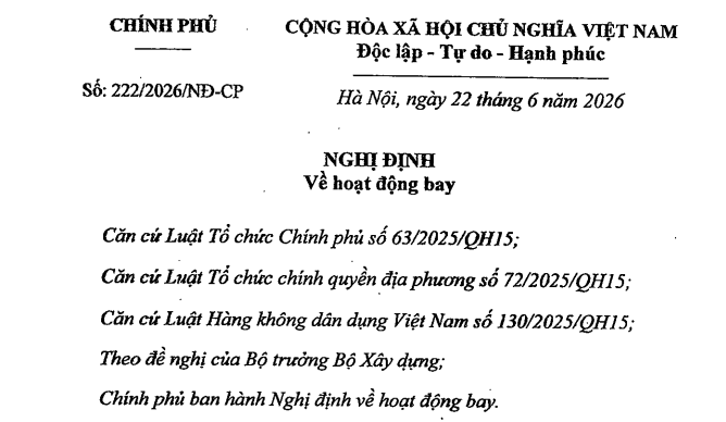 Đã có Nghị định 222/2026/NĐ-CP về hoạt động bay
