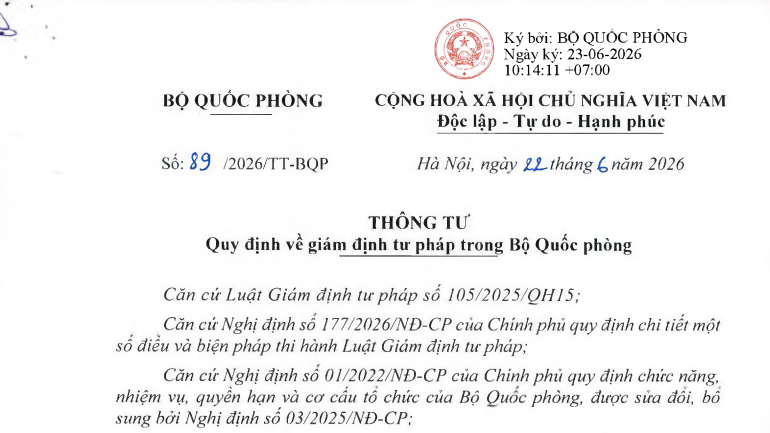 Đã có Thông tư 89/2026/TT-BQP về giám định tư pháp trong Bộ Quốc phòng