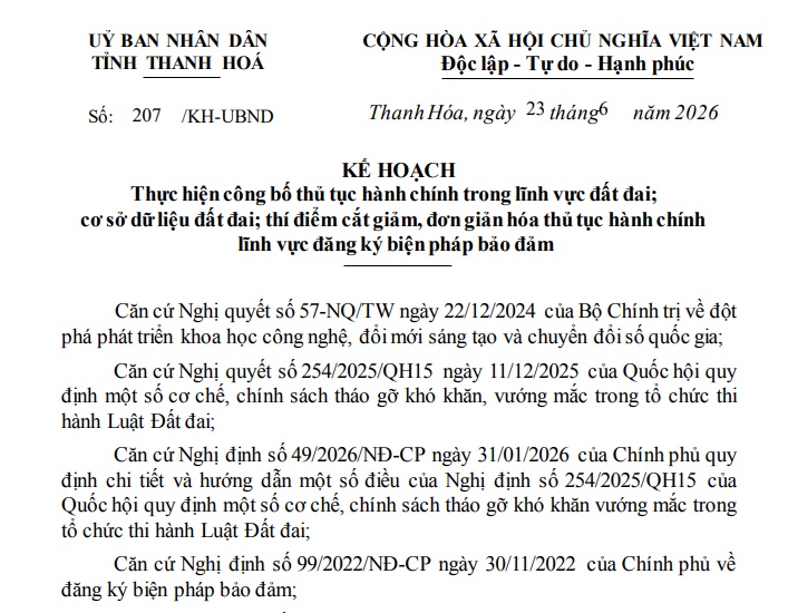 Kế hoạch thực hiện công bố thủ tục đất đai tỉnh Thanh Hóa (Kế hoạch 207/KH-UBND)