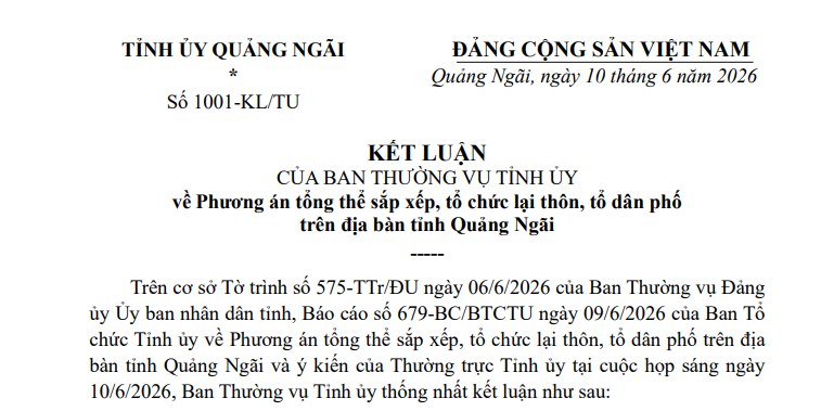 Kết luận 1001 về phương án tổng thể sắp xếp tổ chức lại thôn tổ dân phố trên địa bàn tỉnh Quảng Ngãi