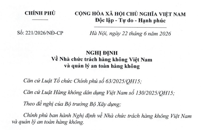 Đã có Nghị định 221/2026/NĐ-CP về Nhà chức trách hàng không Việt Nam và quản lý an toàn hàng không