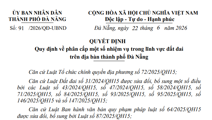 Phân cấp một số nhiệm vụ lĩnh vực đất đai tại Đà Nẵng theo Quyết định 91/2026/QĐ-UBND