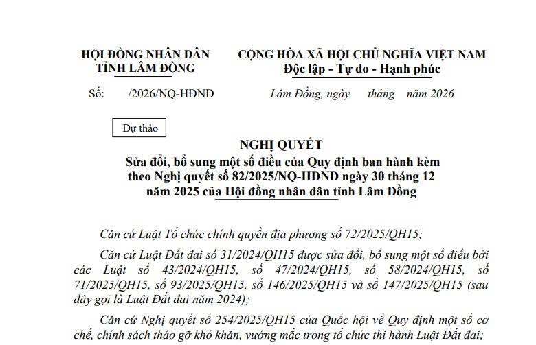 Dự thảo Nghị quyết sửa đổi bảng giá đất lần đầu tỉnh Lâm Đồng