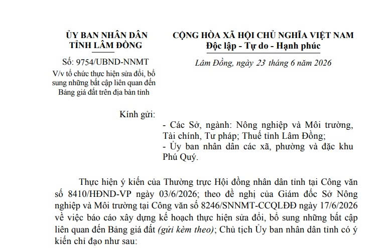 Công văn 9754: Sửa đổi những bất cập của Bảng giá đất tỉnh Lâm Đồng