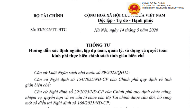 Đã có Thông tư 53/2026/TT-BTC xác định nguồn kinh phí thực hiện tinh giản biên chế