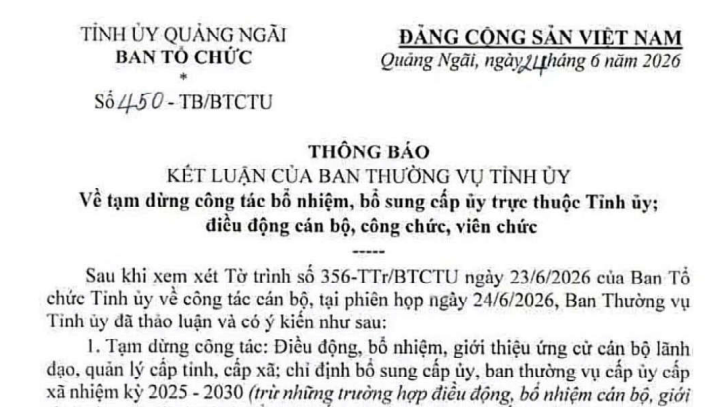 Thông báo 450 tạm dừng tiếp nhận công chức viên chức tại Quảng Ngãi