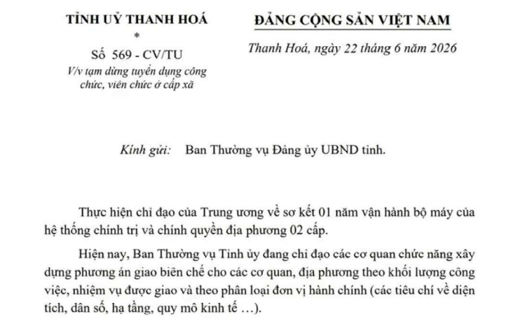 Công văn 569 tạm dừng tuyển dụng công chức viên chức ở cấp xã tại Thanh Hóa