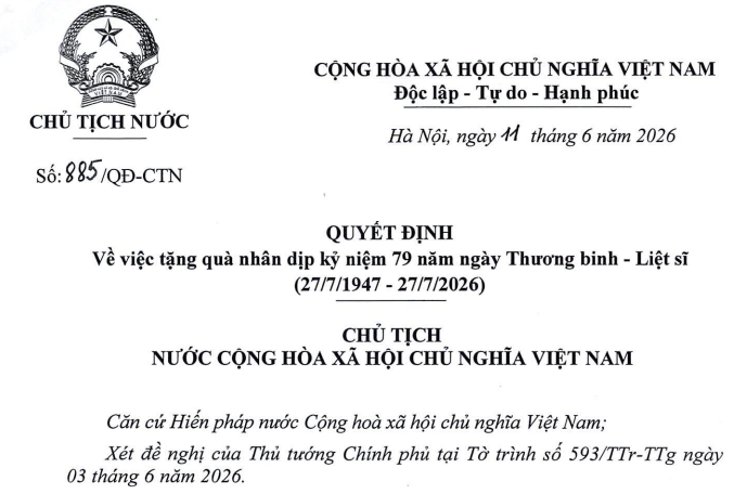 Đã có Quyết định 885/QĐ-CTN tặng quà người có công dịp 27/7/2026