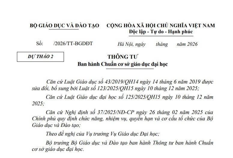 Đã có dự thảo Thông tư ban hành Chuẩn cơ sở giáo dục đại học
