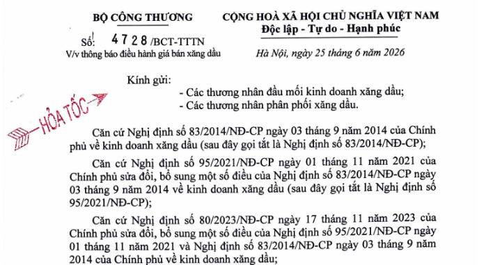 Công văn 4728 thông báo giá xăng dầu từ 15h ngày 25/6/2026
