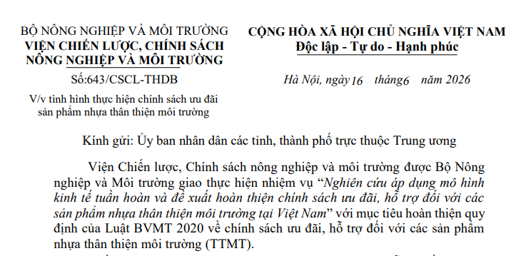 Công văn 643/CSCL-THDB: Báo cáo chính sách ưu đãi sản phẩm nhựa thân thiện môi trường