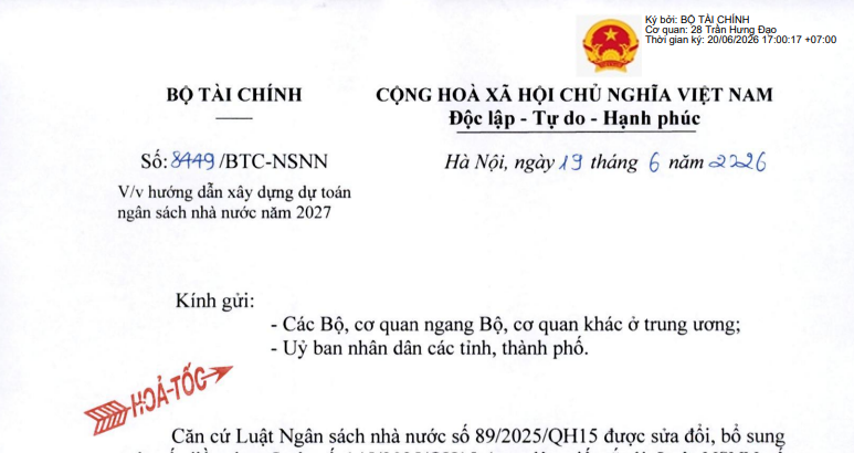 Công văn 8449/BTC-NSNN: (Hỏa tốc) xây dựng dự toán ngân sách nhà nước năm 2027 