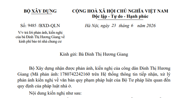 Công văn 9485/BXD-QLN: Bộ Xây dựng giải đáp vướng mắc về kinh phí bảo trì nhà chung cư