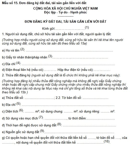 Mẫu đơn đăng ký đất đai, tài sản gắn liền với đất tỉnh Bắc Ninh năm 2026