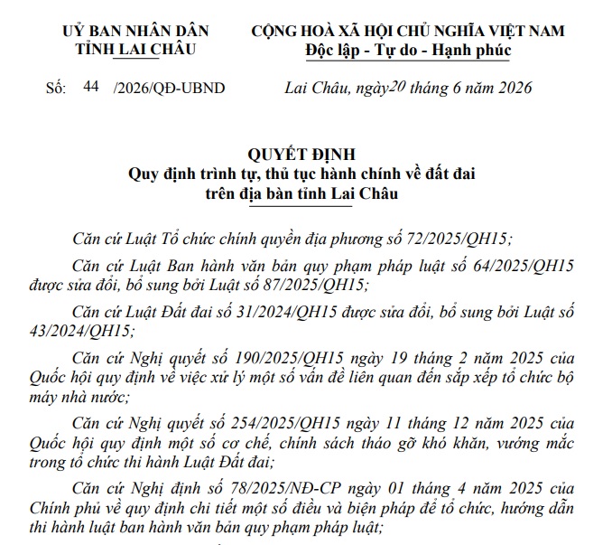 Đã có Quyết định 44/2026/QĐ-UBND thủ tục đất đai tỉnh Lai Châu