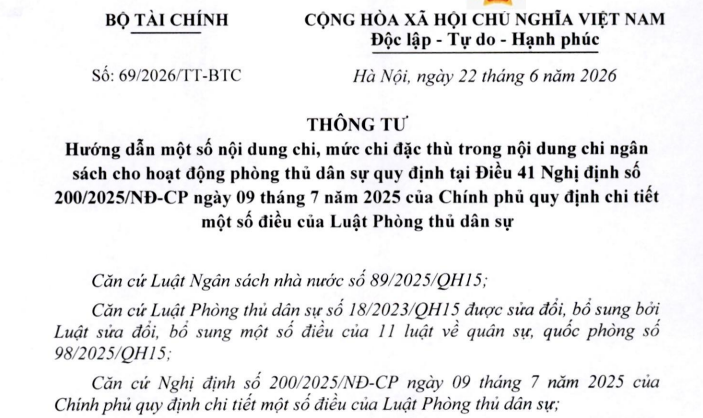 Đã có Thông tư 69/2026/TT-BTC mức chi đặc thù trong nội dung chi ngân sách cho hoạt động phòng thủ dân sự