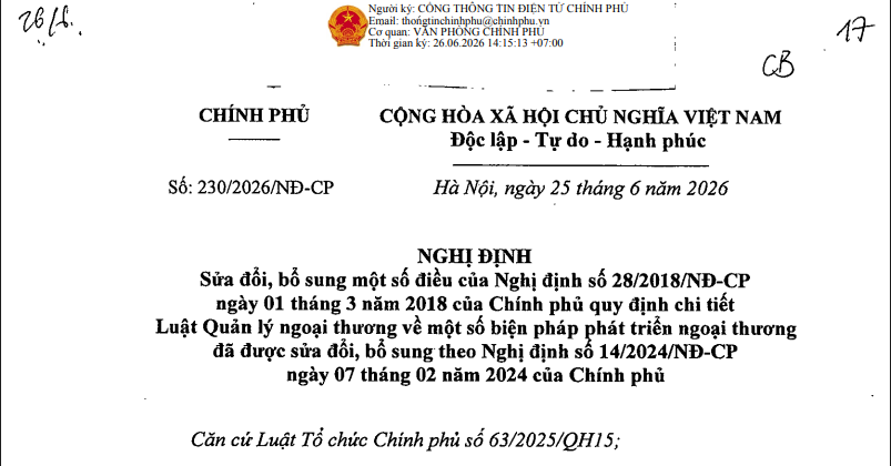 Đã có Nghị định 230/2026/NĐ-CP sửa đổi quy định về phát triển ngoại thương