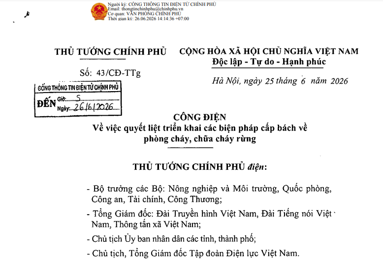 Công điện 43 triển khai các biện pháp cấp bách về phòng cháy chữa cháy rừng