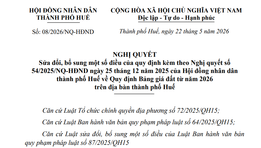 Toàn văn Nghị quyết 08/2026/NQ-HĐND sửa đổi bảng giá đất thành phố Huế 2026