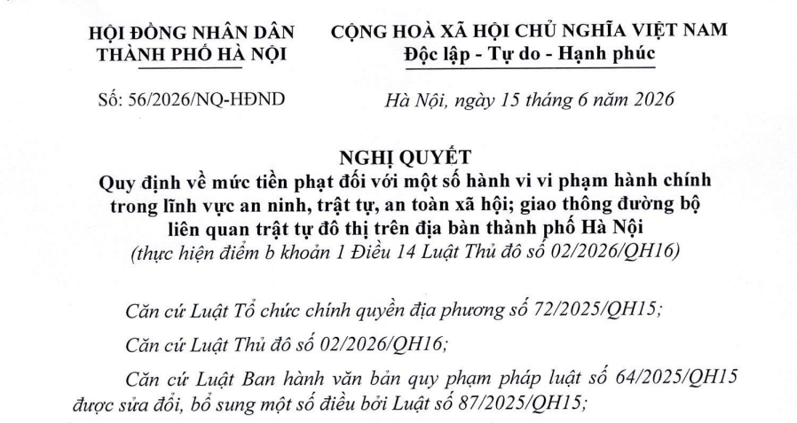Mức phạt hành chính về an ninh trật tự và giao thông đường bộ tại Hà Nội từ 01/7/2026 (Nghị quyết 56/2026/NQ-HĐND)