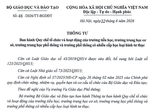 Đã có Thông tư 48/2026/TT-BGDĐT quy chế tổ chức của trường phổ thông tư thục