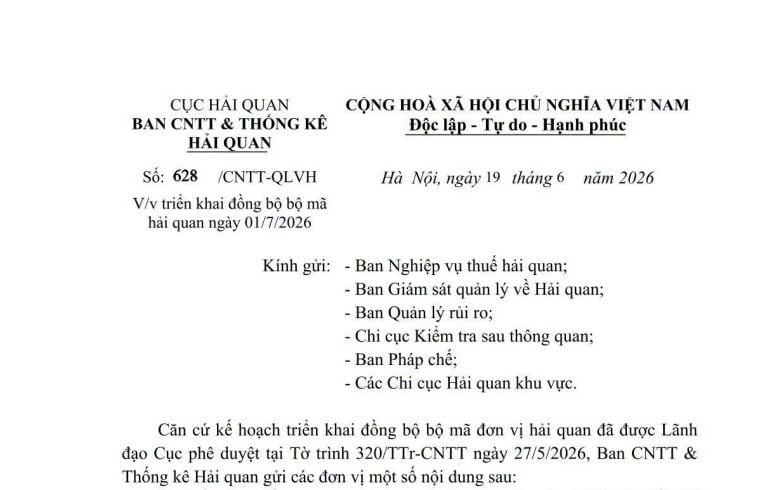 Công văn 628 triển khai đồng bộ bộ mã hải quan ngày 01/7/2026