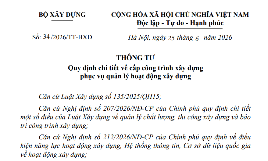 Đã có Thông tư 34/2026/TT-BXD về cấp công trình xây dựng phục vụ quản lý hoạt động xây dựng