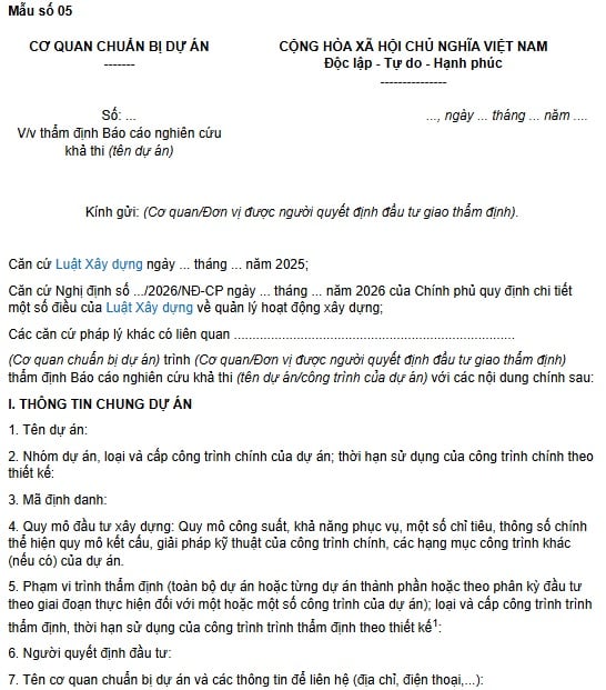 Mẫu văn bản đề nghị thẩm định Báo cáo nghiên cứu khả thi theo Nghị định 217