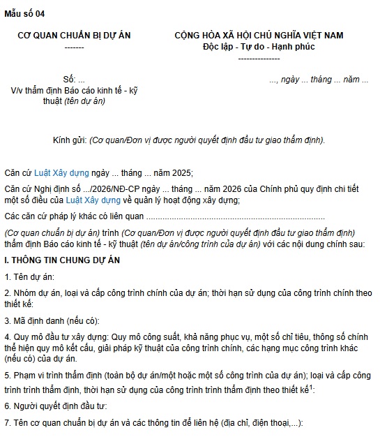 Mẫu văn bản đề nghị thẩm định Báo cáo kinh tế kỹ thuật theo Nghị định 217