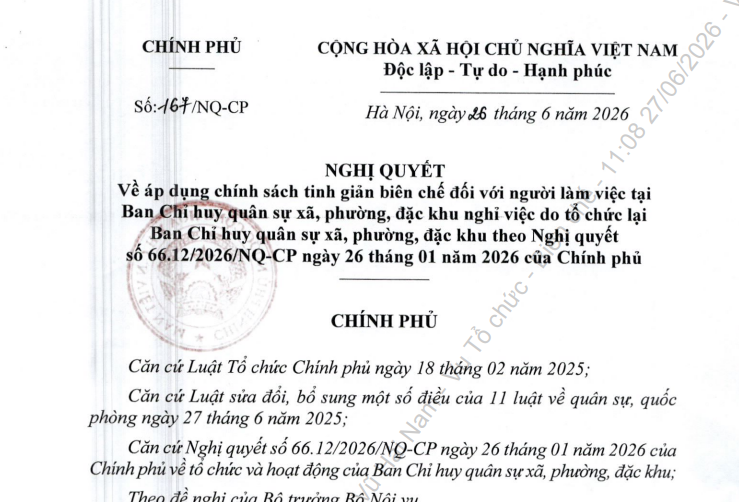 Toàn văn Nghị quyết 167/NQ-CP chính sách tinh giản biên chế do tổ chức lại Ban Chỉ huy quân sự xã