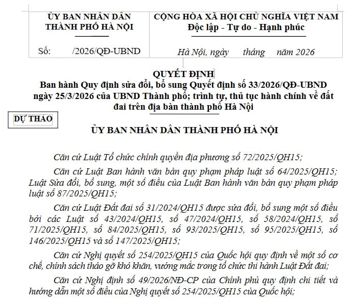 Đã có dự thảo Quyết định thủ tục đất đai tại Hà Nội năm 2026