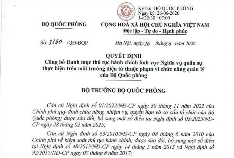 Quyết định 3360: 07 thủ tục về nghĩa vụ quân sự thực hiện trên môi trường điện tử từ 26/6/2026 