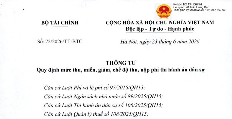 Đã có Thông tư 72/2026/TT-BTC về mức thu, miễn giảm phí thi hành án dân sự