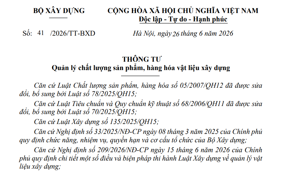 Đã có Thông tư 41/2026/TT-BXD quản lý chất lượng sản phẩm hàng hóa vật liệu xây dựng